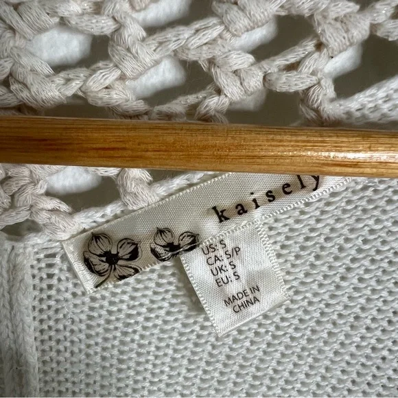 Kaisely Knit Cardigan Fringe Open Front Ivory Blue Pattern Long Sleeve Size S - Picture 9 of 9